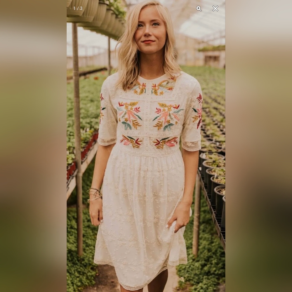 Roolee Cream Embroidered Midi Dress